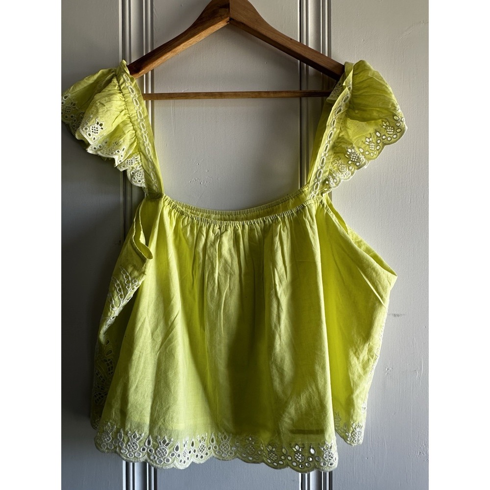 Cottagecore Eyelet Blouse XL Yellow Embroidered Flutter Sleeve Top - Picture 2 of 7